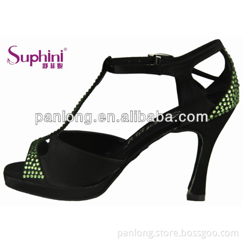 Black satin leather sole latin dancing shoe with green stones 736